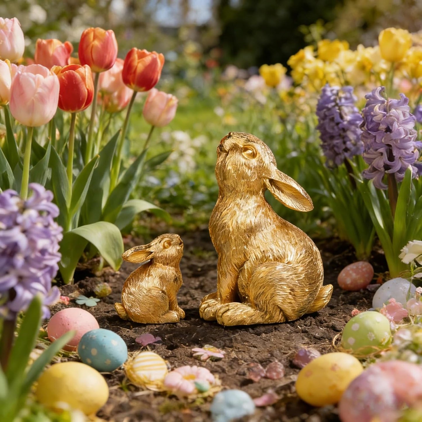 Regine Switzerland Easter Rabbit Resin Statues - Charming Outdoor Patio Decor | 2-Piece Set in Gold