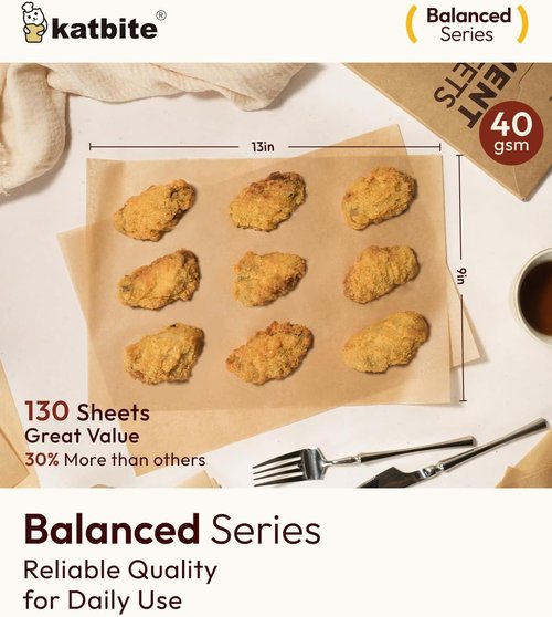 Katbite Parchment Paper Sheets - 130 Pcs Unbleached Non-Stick Baking Paper, 9x13 Inches for Air Fryer & Cooking
