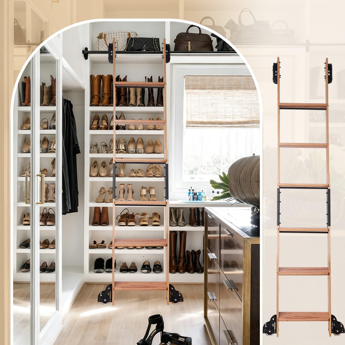 Leinuosen 95 Inch Rolling Library Ladder with 4ft Track Kit, Solid Oak Wood Ladder with Braking Wheels, Sliding Kit for Home, Bookshelf, Loft((Suitable for Installation Height 89-3/4")