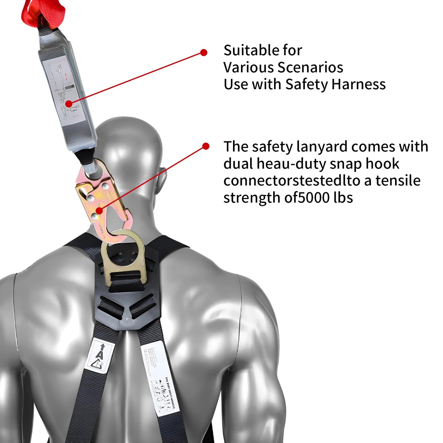 Safety Harness Fall Protection Lanyard-6FT Double Leg Internal Shock Absorbing Safety Lanyard for Consturction,Roofer, Scaffolding -Heavy-Duty Hooks| OSHA & ANSI Rated(Red, 2 Leg)