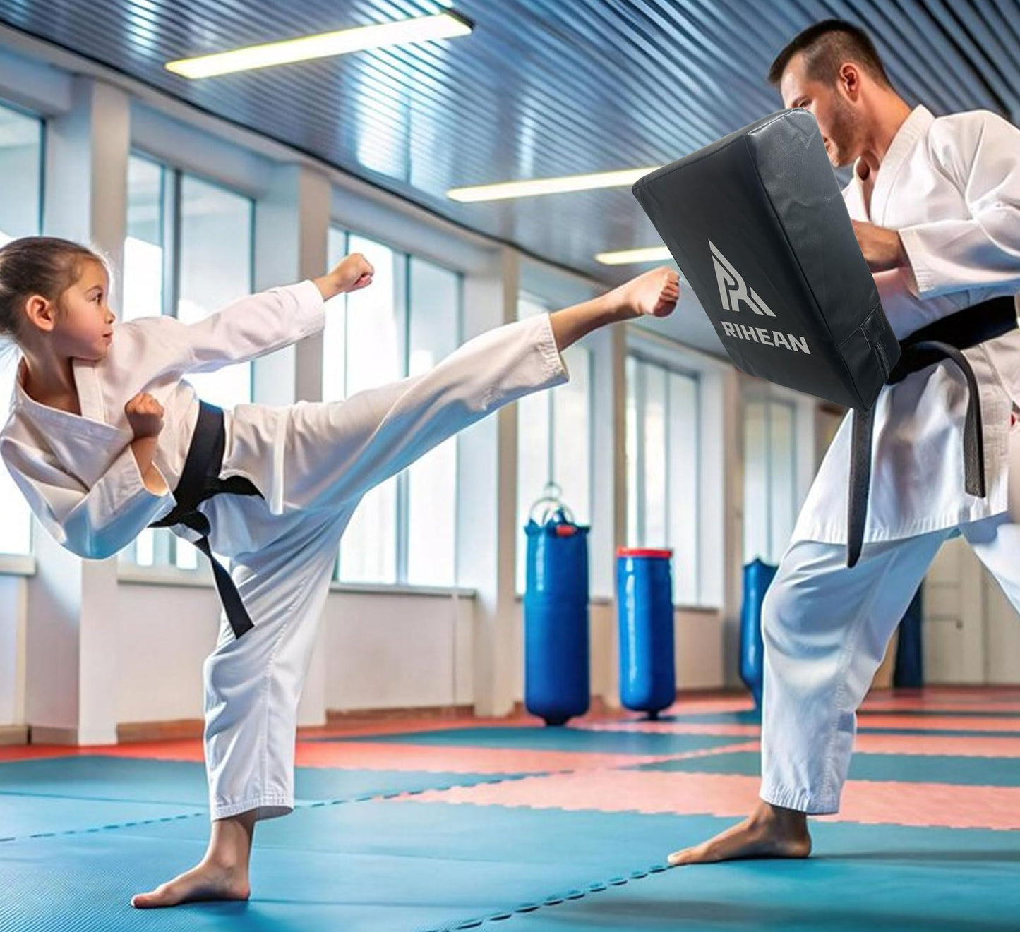 RIHEAN Martial Arts Kicking Shield Pad for Muay Thai, Taekwondo Football, Basketball, Hockey Training, 12x16in Denser Foam High-Density PU Leather Cover - Blackx2