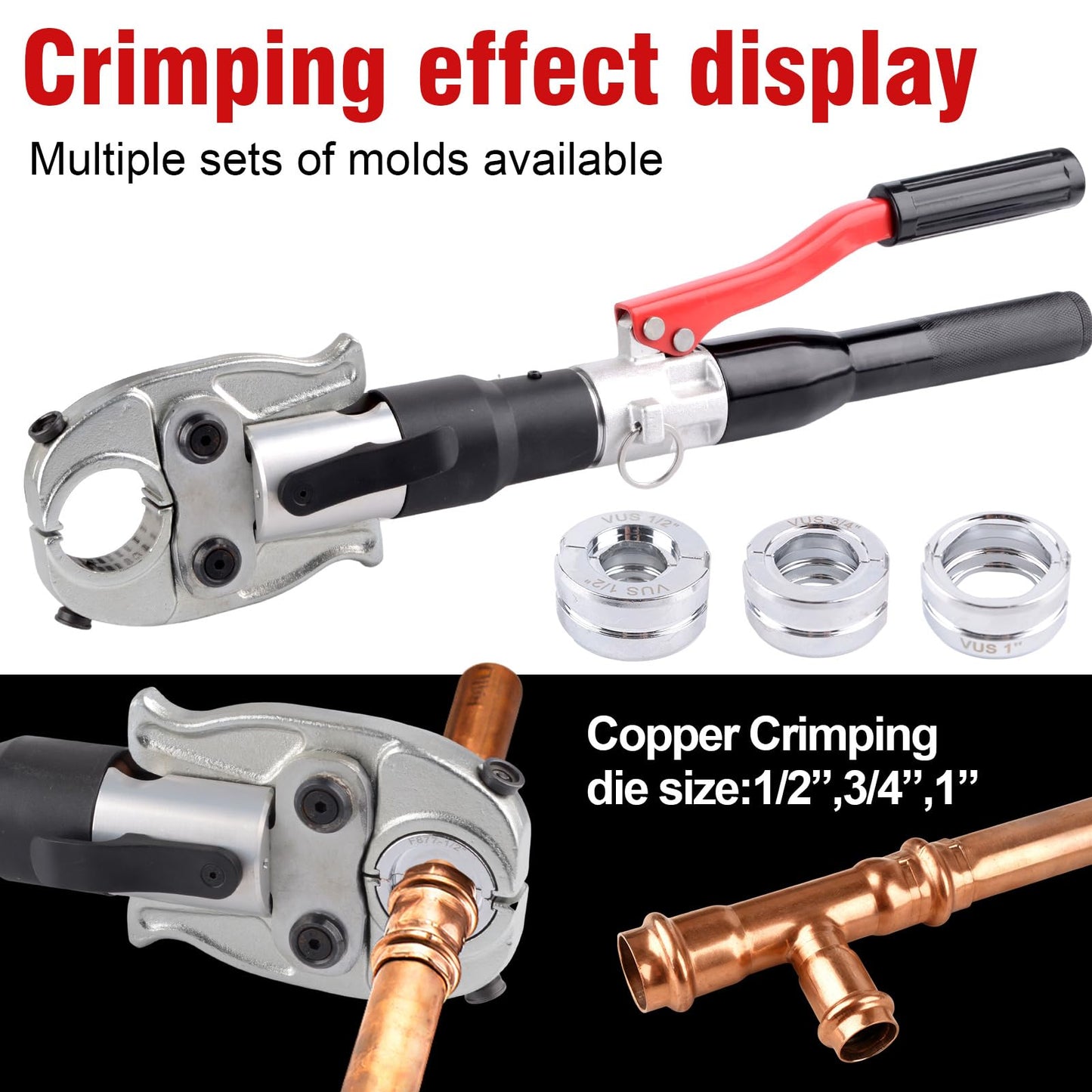 ketailei Hydraulic Pipe Crimping Tool | 65MPa Auto Pressure Relief | 1/2", 3/4", 1" Jaw for Copper Tube Fittings | Press Crimper Pliers with Pipe Cutter （KZ-1930S）