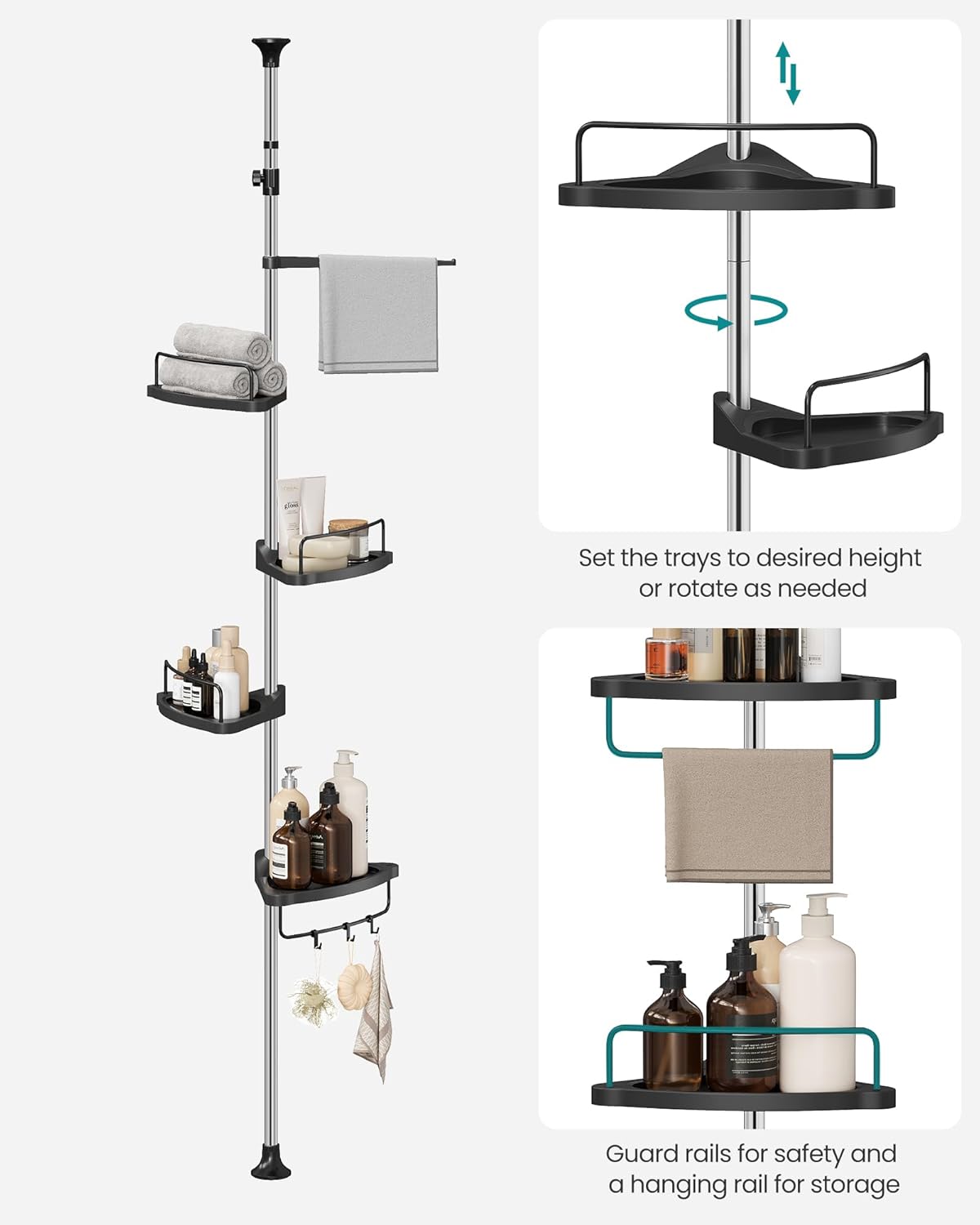 SONGMICS Corner Shower Caddy - 4-Tier Rust-Resistant Organizer | Height Adjustable, Drill-Free, Ink Black, 35.8 to 118.1 Inches
