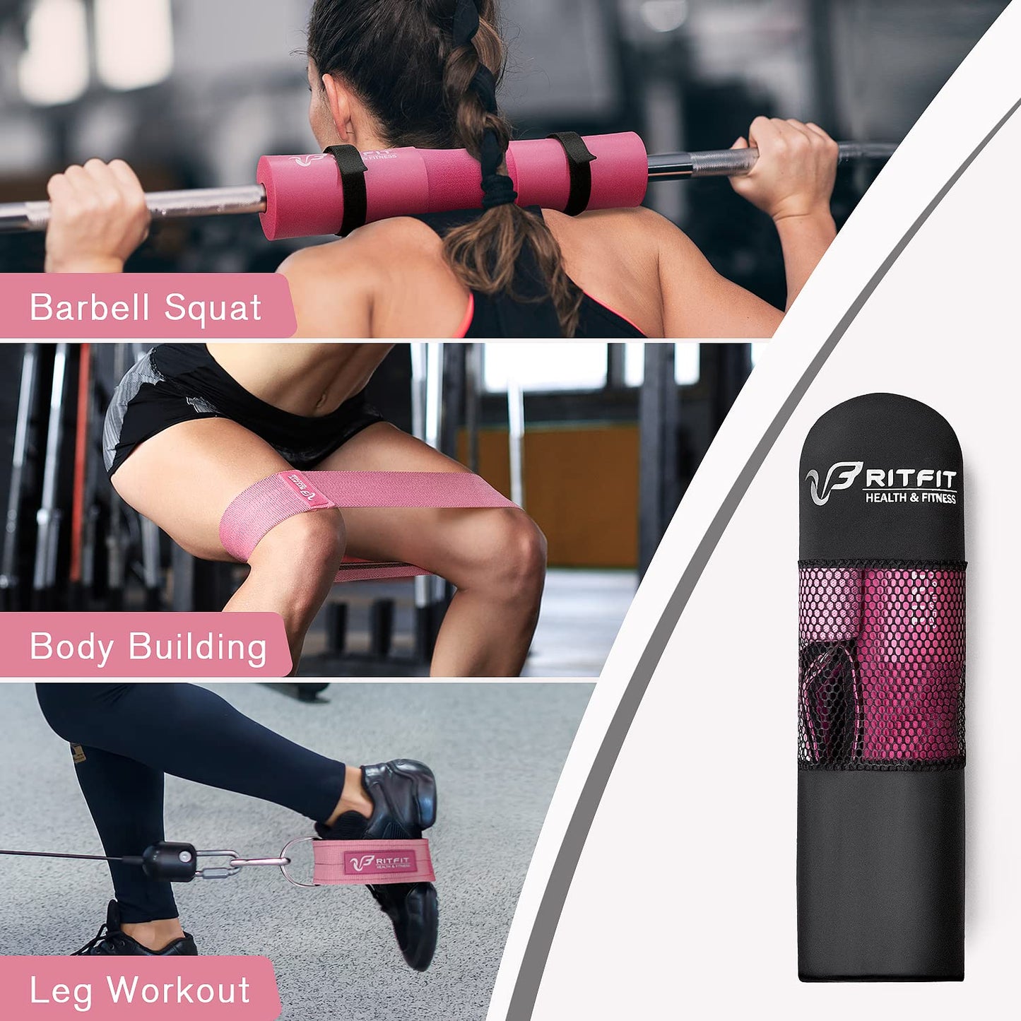 RitFit 7 Pcs Barbell Squat Pad Set, with Resistance Band, 2 Safety Straps, 2 Gym Ankle Straps & Carry Bag, Upgraded Neck & Shoulder Protective Pad Support for Squats, Lunges & Hip Thrust (Pink/Black)