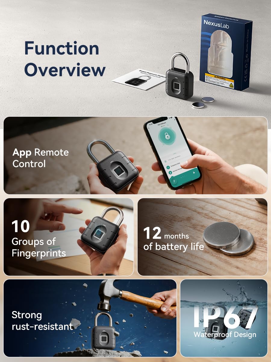 NexusLab Smart Fingerprint Padlock, Locker Lock, Gym Lock with TUYA App Control, IP67 Waterproof, 10 Fingerprints, Stainless Steel Shackle for School Locker, Fence, Gym Locker & Outdoor Gatres