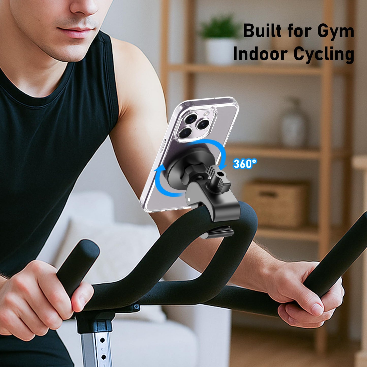 Magnetic Phone Holder Clamp Mount – 20 x N52 Strong Magnet Mount for Gym, Spin Bike (Fits Peloton), Treadmill, Stroller, Golf Cart, Shopping Cart – Compatible with Mag-Safe iPhone 12-17 Series