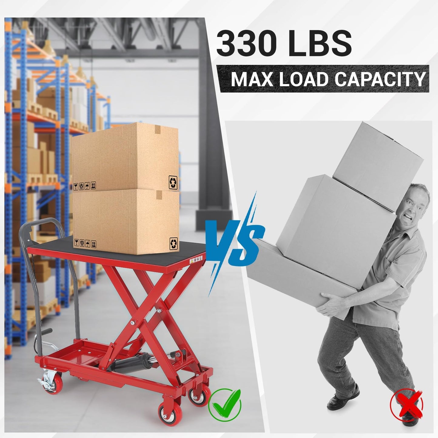 Garvee Hydraulic Lift Table Cart, 330 LBS Capacity 28.5 in Lifting Height, Single Scissor Lift Table with 4 Wheels and Non-Slip Pad for Material Handling and Transportation, Red