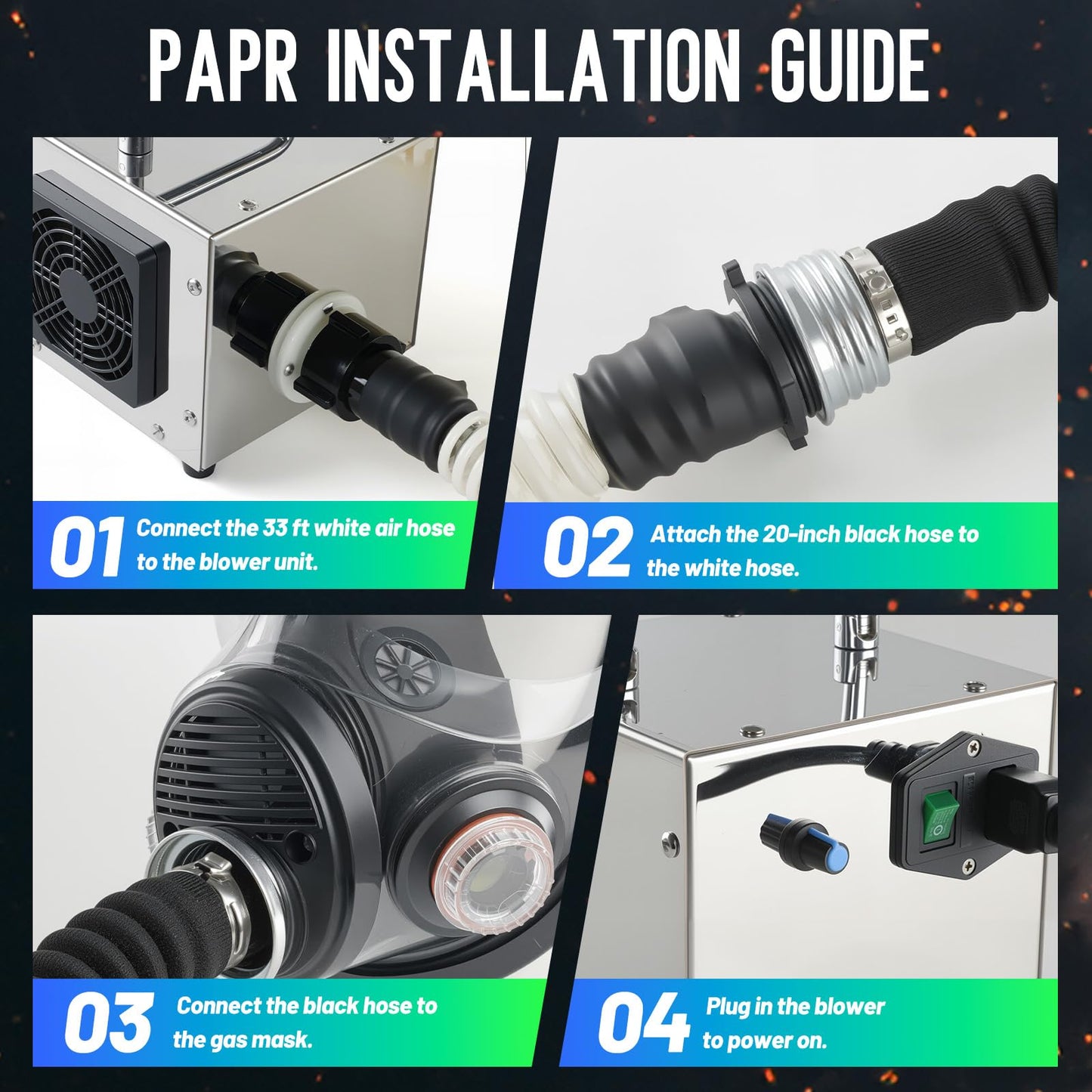 HANUU Portable PAPR Respirator System - High-Efficiency Powered Air Purifying Respirators with 33ft Long Hose - Large Airflow Supplied Air Respirator for Tunnel Construction Industrial