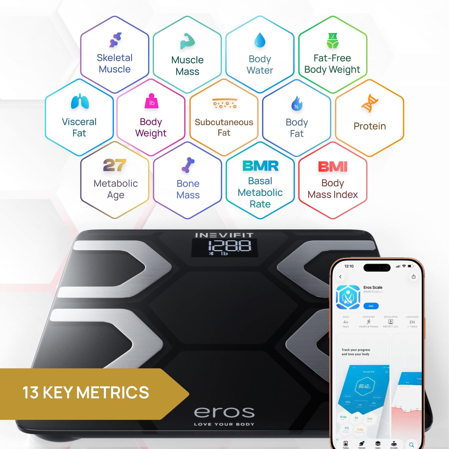 INEVIFIT EROS Bluetooth Body Fat Scale Smart BMI Highly Accurate Digital Bathroom Body Composition Analyzer with Wireless Smartphone APP 400 lbs 11.8 x 11.8 inch (Black)