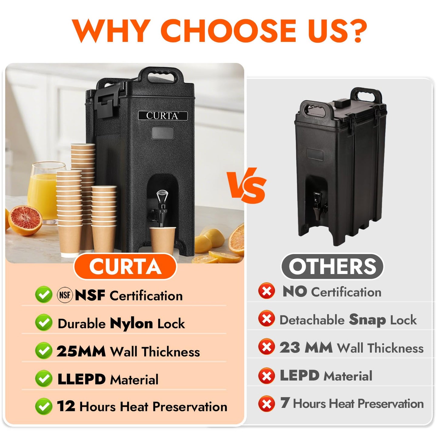 CURTA 5-Gallon Insulated Beverage Dispenser- Hot and Cold Drink Container with Ergonomic Handle, Stand & Leak-Proof Lock, Commercial Drink Pitcher for Coffee, Juice, Lemonade, Parties,Events