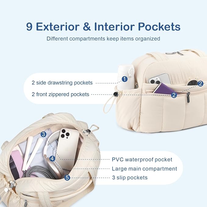 TOPDesign Travel Duffel Bag for Women, Puffer Gym Bag Sports Tote with Wet Pocket, Carry On Weekender with Luggage Sleeve (Flower)