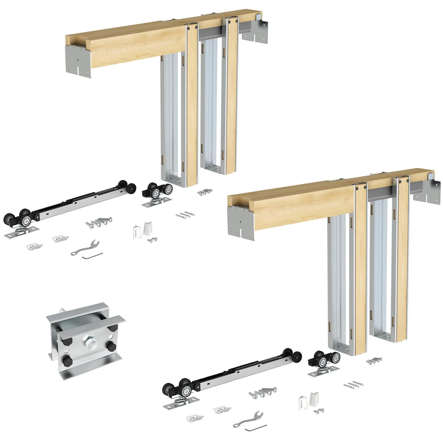 JUBEST 2 Set Pocket Door Frame Kits with 220LBS Two-Way Soft-Close Mechanism, Easy to Install Pocket Door Kit, for Double Door 48" to 72"x80", Durable and Stylish Hidden Door Kit, Smoothly and Quietly