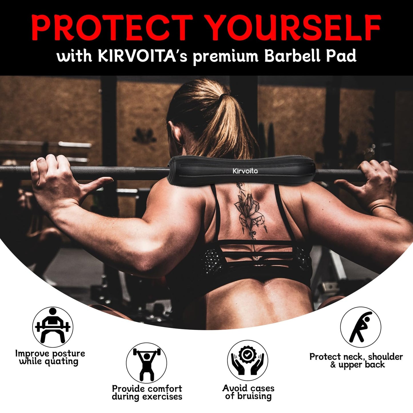 Kirvoita Rubber Barbell Pad, Squat Pad, Hip Thrust Pad, Easy to Install, No Velcro/Straps Needed, for Both Heavy Weights & Lower Weights (15.5 * 3.5 * 3.5 in, Black)
