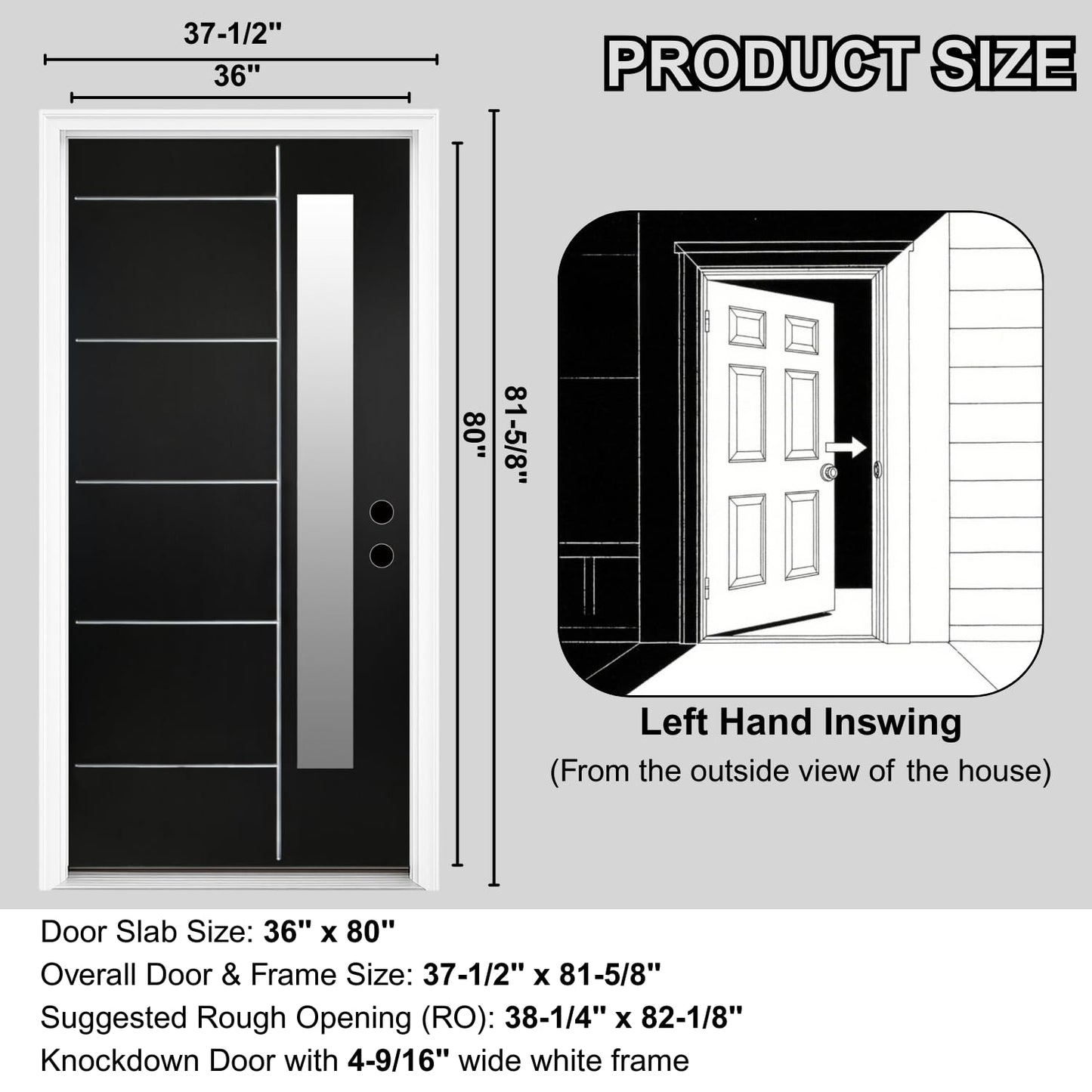 36'' x 80" Fiberglass Entry Door with 4-9/16" Width White Frame, Black Exterior Door with Frosted Glass, Modern Front Door with Brickmould, Left Hand Inswing