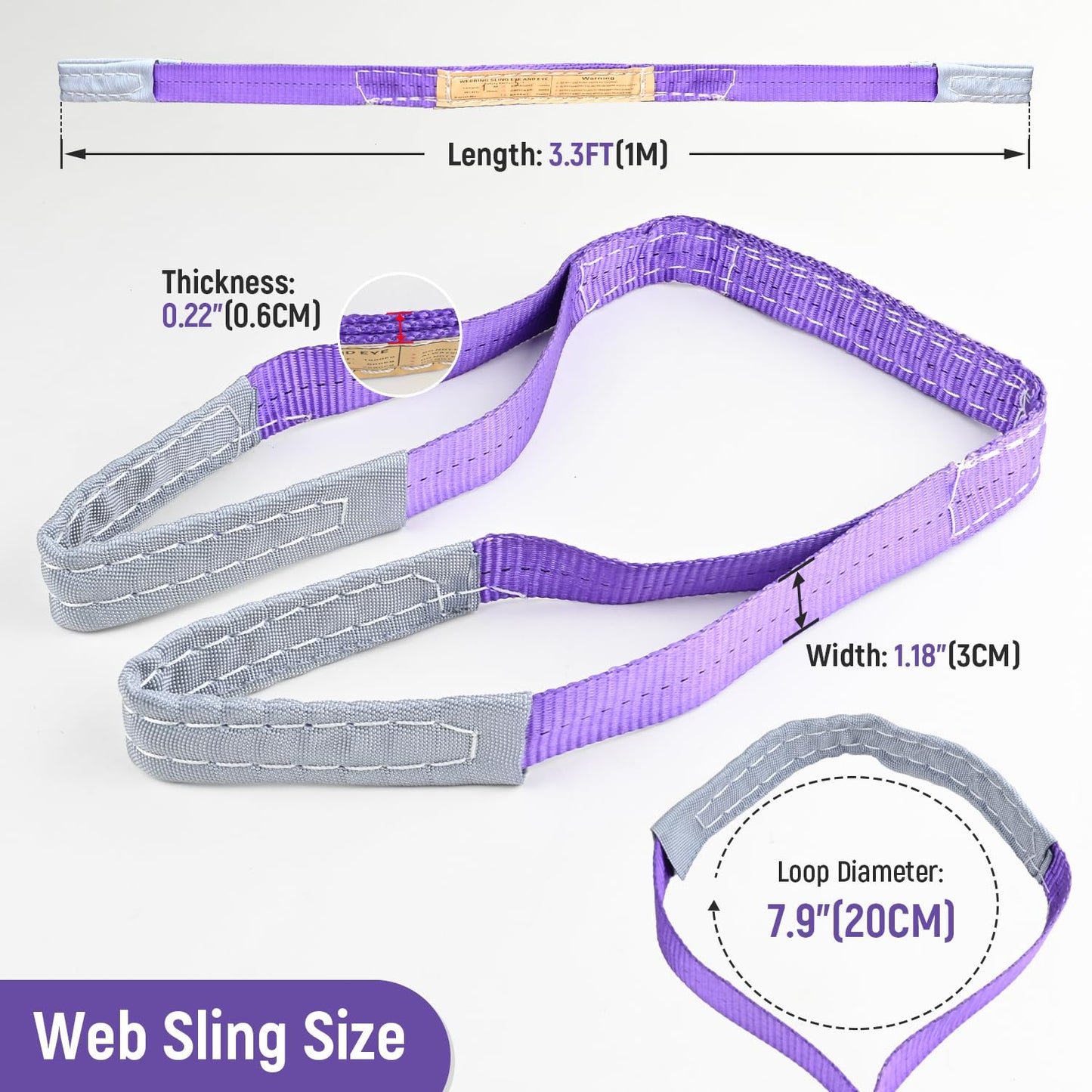 Vigtayue 2-Pack 1Inches x 3.3Ft 2-Ply Twisted Eye & Eye Polyester Lifting Sling, Lifting Slings 2204lbs Webbing Sling, Heavy Duty Lift Sling Web for Industrial Shop Use, Hoist, Tree Stumps
