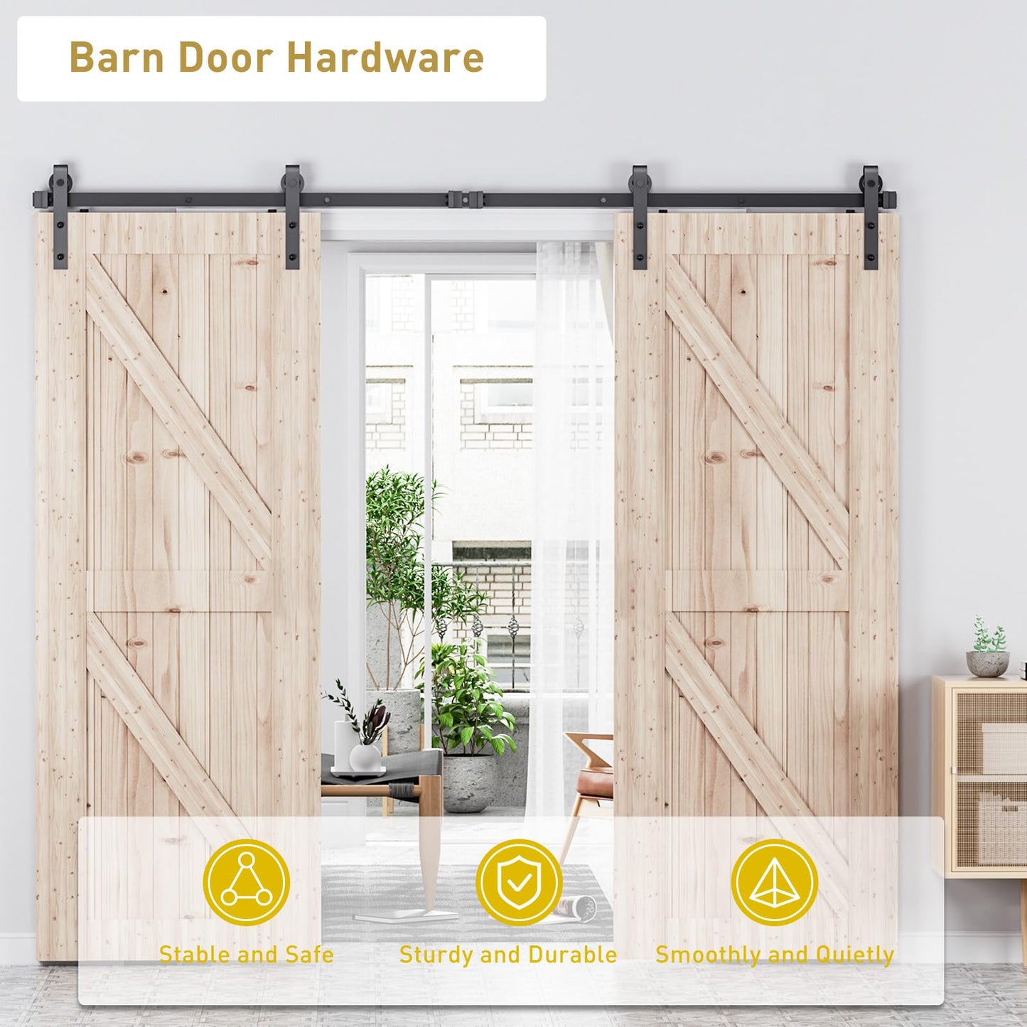 Signstek 12 FT Double Sliding Barn Door Hardware Track Kit, Wood Slab Use, for Garage, Kitchen, Bedroom, Fit 36'' Wide Door Panel-Smoothly and Quitely-Easy to Install (J Shape Hanger)
