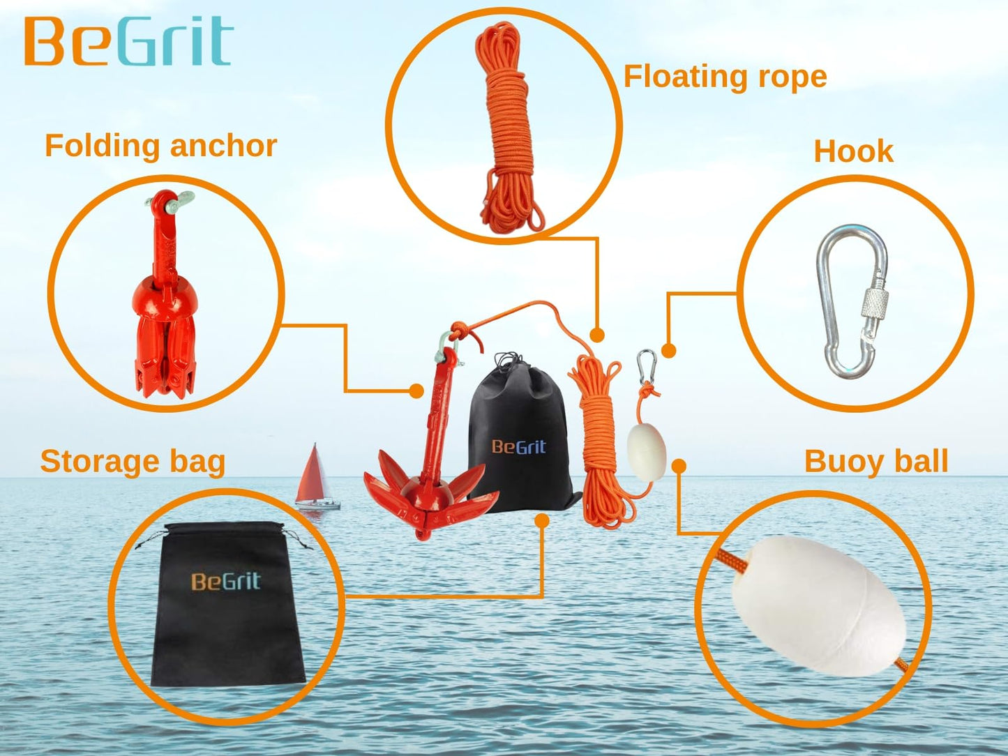 BeGrit Kayak Anchor 1.5lb Small Boat Anchor Folding Marine Anchor for Fishing,Kayak,Paddle Board,Canoe,Jet Ski, with 32.8 ft Anchor Tow Rope Carrying Bag (Red)