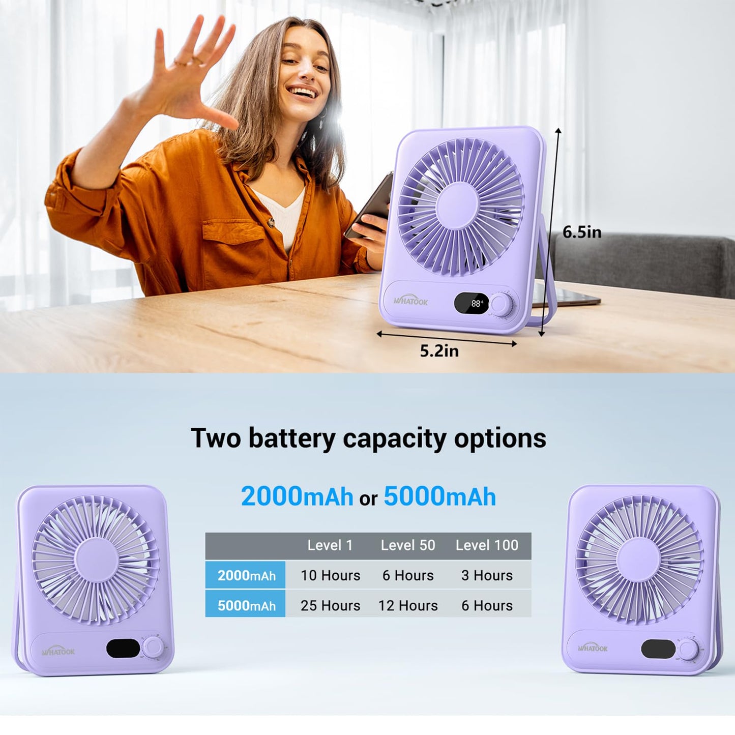 WHATOOK Desk Fan 2 Pack: 100 Speeds Stepless Control 2000mAh Battery Operated Portable Fan, Rechargeable Table Fan for Cruise Ship Essentials, Gift for Couples, Dorm, Office, Bedroom(Black and Purple)