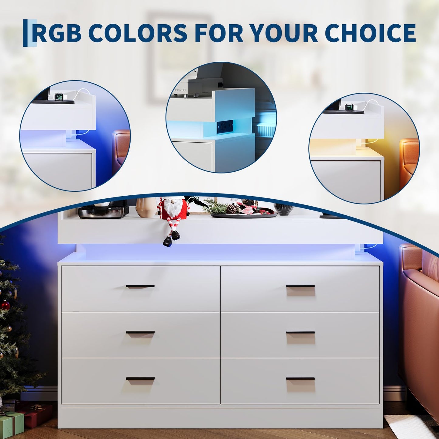 TV Stand Cabinet with LED Lights & Charging Station, Coffee Bar Cabinet Floating Countertop, Modern Sideboard Buffet 6 Drawers for Home, Living Room, White