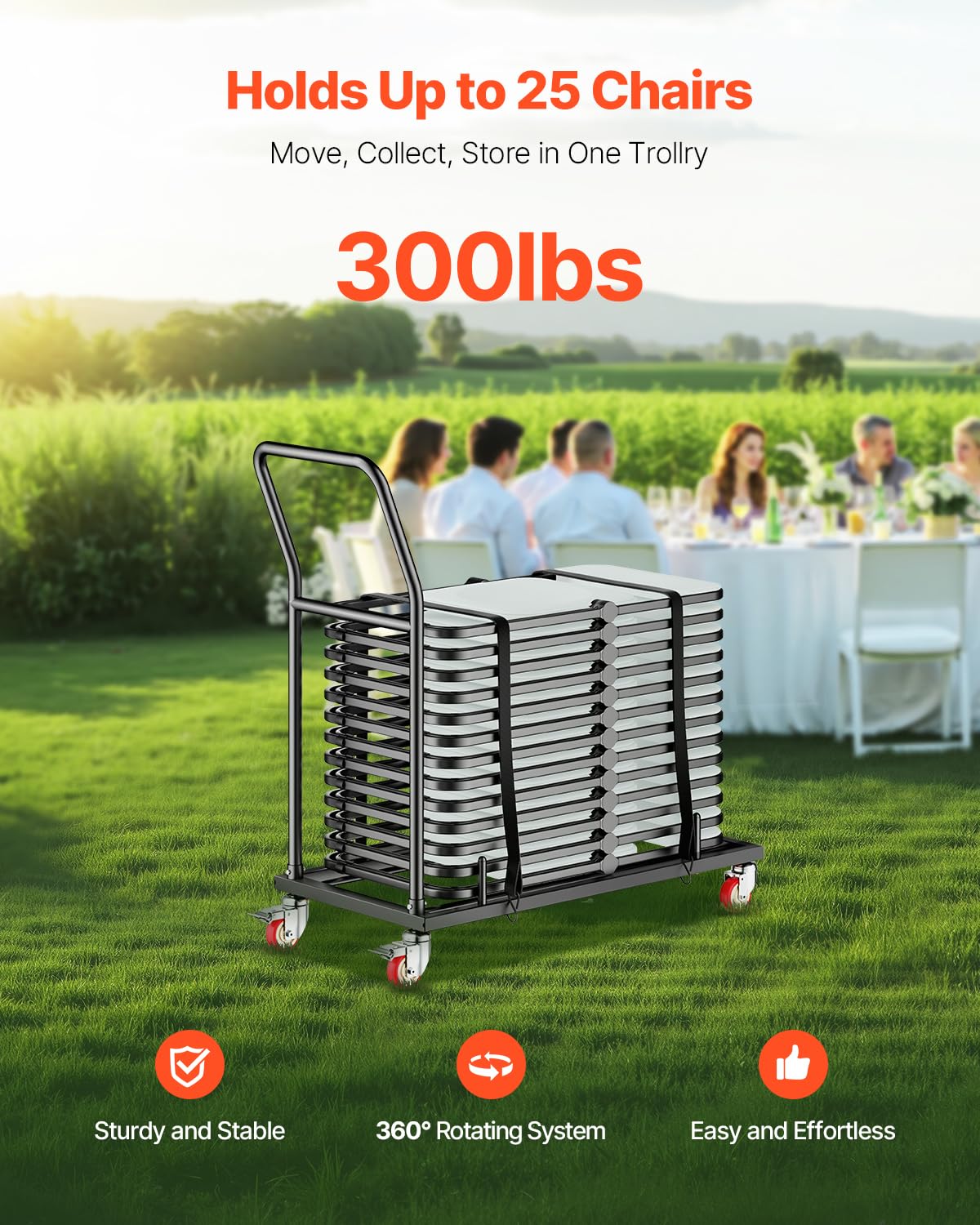VEVOR Folding Chair Rack, 300 LBS Capacity, L-Shape Horizontal Placement Chair Cart for 25 Chairs, Heavy-Duty Metal Chair Storage Dolly with Rubber Wheels and Holders, Large Chair Holder, Matte Black