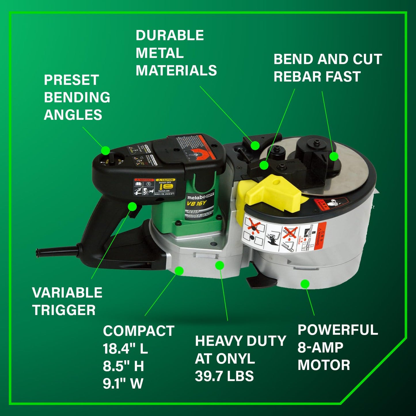 Metabo HPT Portable Rebar Bender and Cutter, 8-Amp Motor, Grade 60 rebar, Maximum 180° Angle, Variable Speed Trigger, Lightweight Design, Precision Bends and Cuts, VB16Y