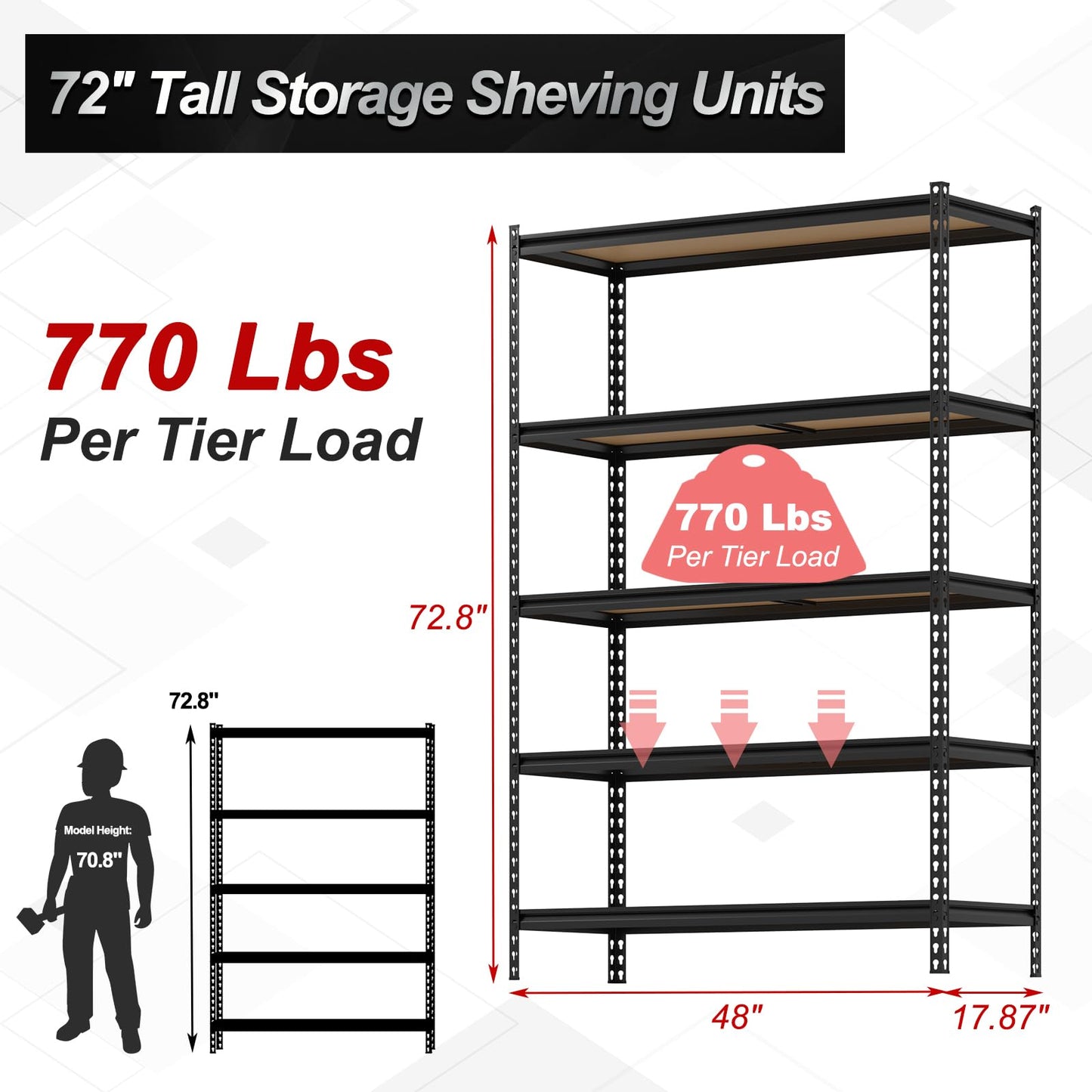 GarveeTech 5 Tier Garage Storage Shelves, Heavy Duty Utility Shelves Metal Shelving Unit, 48"L x 18"W x 73"H Adjustable Storage Shelves Utility Rack for Garage Kitchen Basement Pantry Laundry, Black
