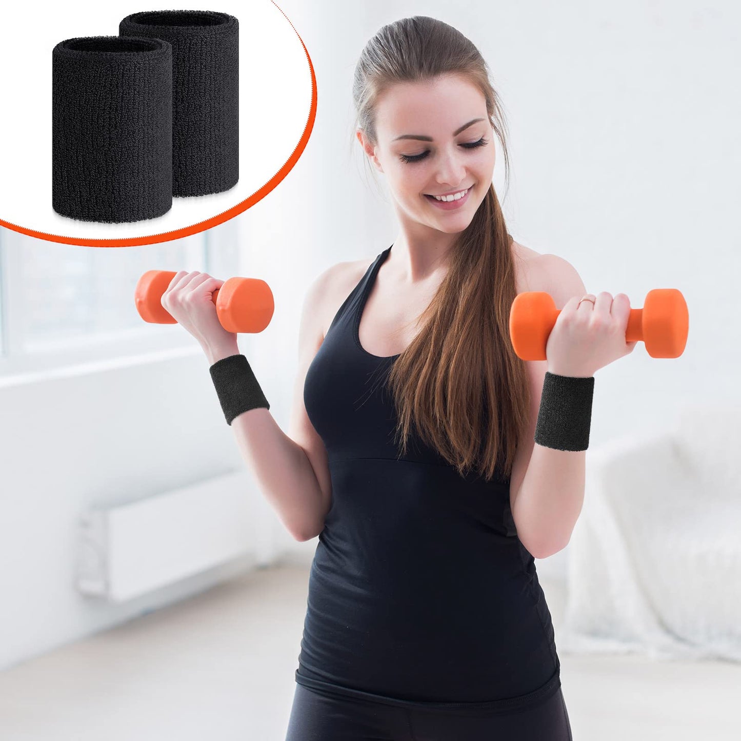 Wettarn 6 Pcs 4 Inch Cotton Elastic Wrist Bands for Sports, Gymnastics, Tennis, Football, Hiking, Cycling, Running (Black, about 4 x 3.15 inches, 10 x 8 cm)