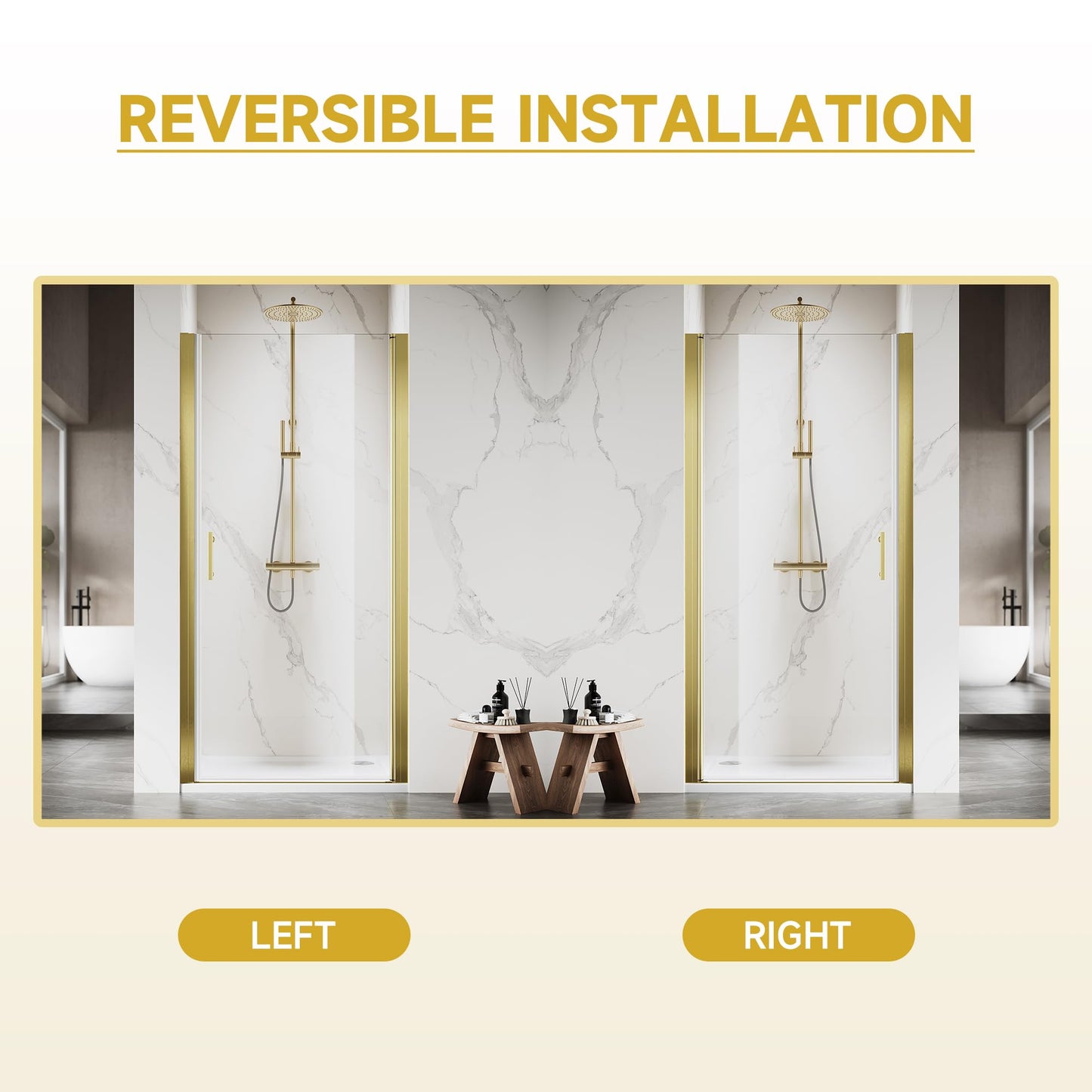 Pivot Shower Door 36" W x 72" H, Semi-Frameless Brushed Gold Shower Glass Door with 6mm SGCC Clear Tempered Glass, Reversible Design, Waterproof Seal, Anti-Fog & Easy Clean Coating