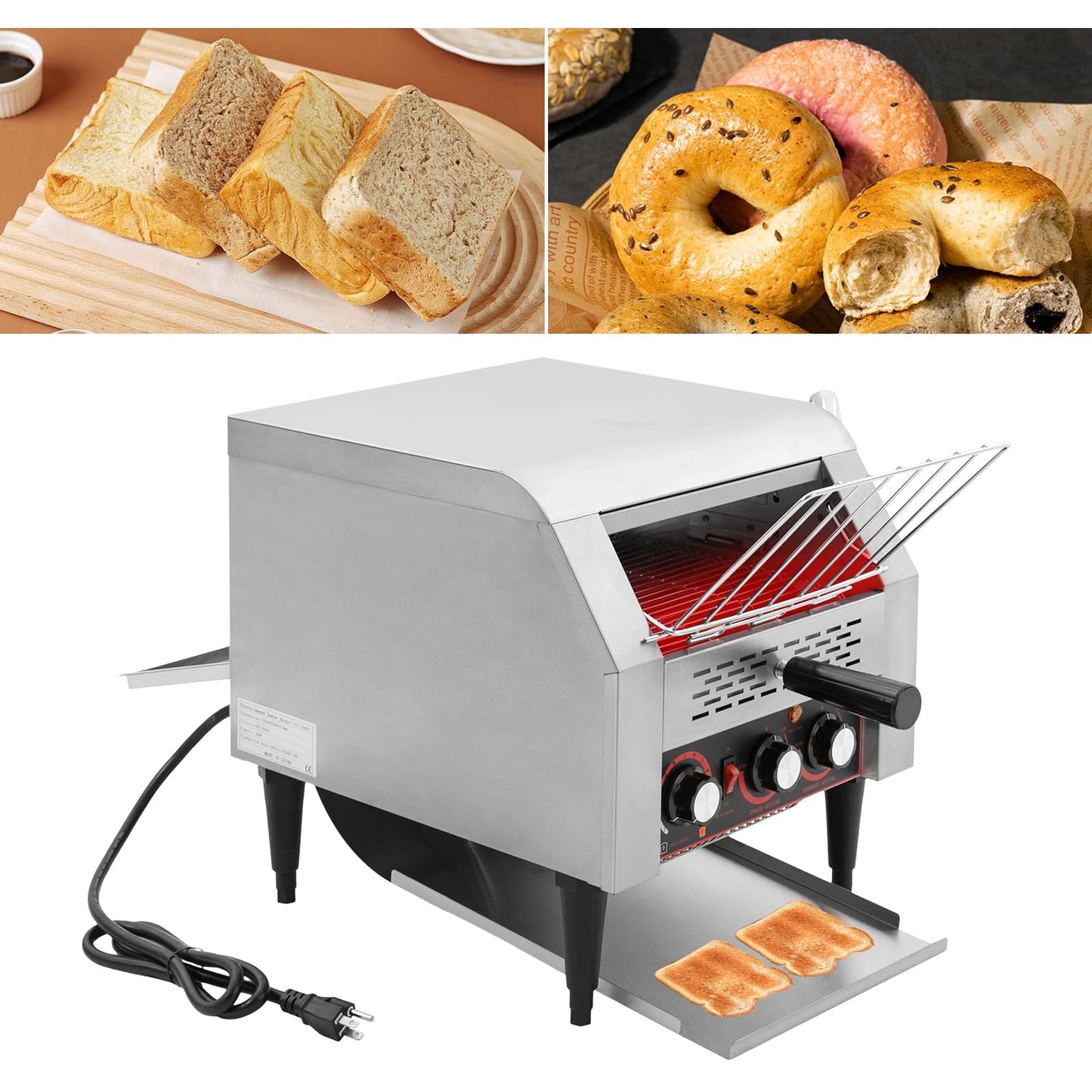 Commercial Conveyor Toaster, 350Slices/Hour 1900W Stainless Steel Heavy Duty Industrial Toasters w/Three-ring Heating Tubes,Countertop Electric Restaurant Equipment for Bun Bagel Bread Baked Food