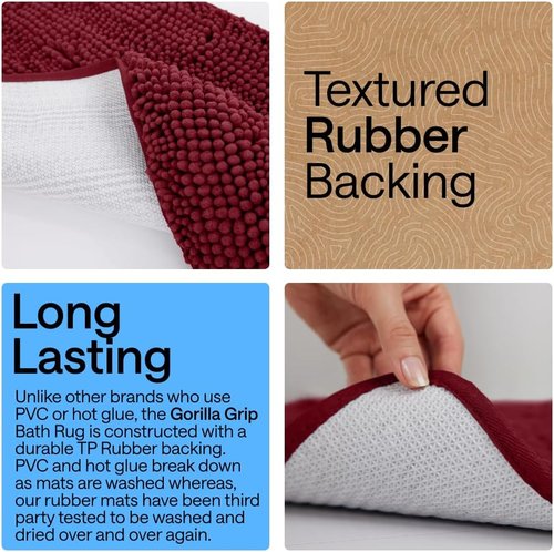 GORILLA GRIP Bath Rug Mat - Soft Absorbent Chenille | Quick Dry Microfiber, 48x24, Burgundy