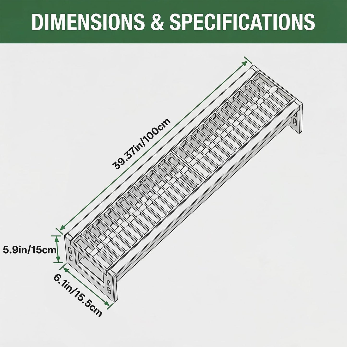 304 Stainless Steel Channel Drain Kit, 39.4x6.1x5.9inTrench Drainage System with Galvanized Steel Grate, Heavy Duty Channel Drain Kit for 2.3" Pipe, Outdoor for Driveway, Garage and Yard