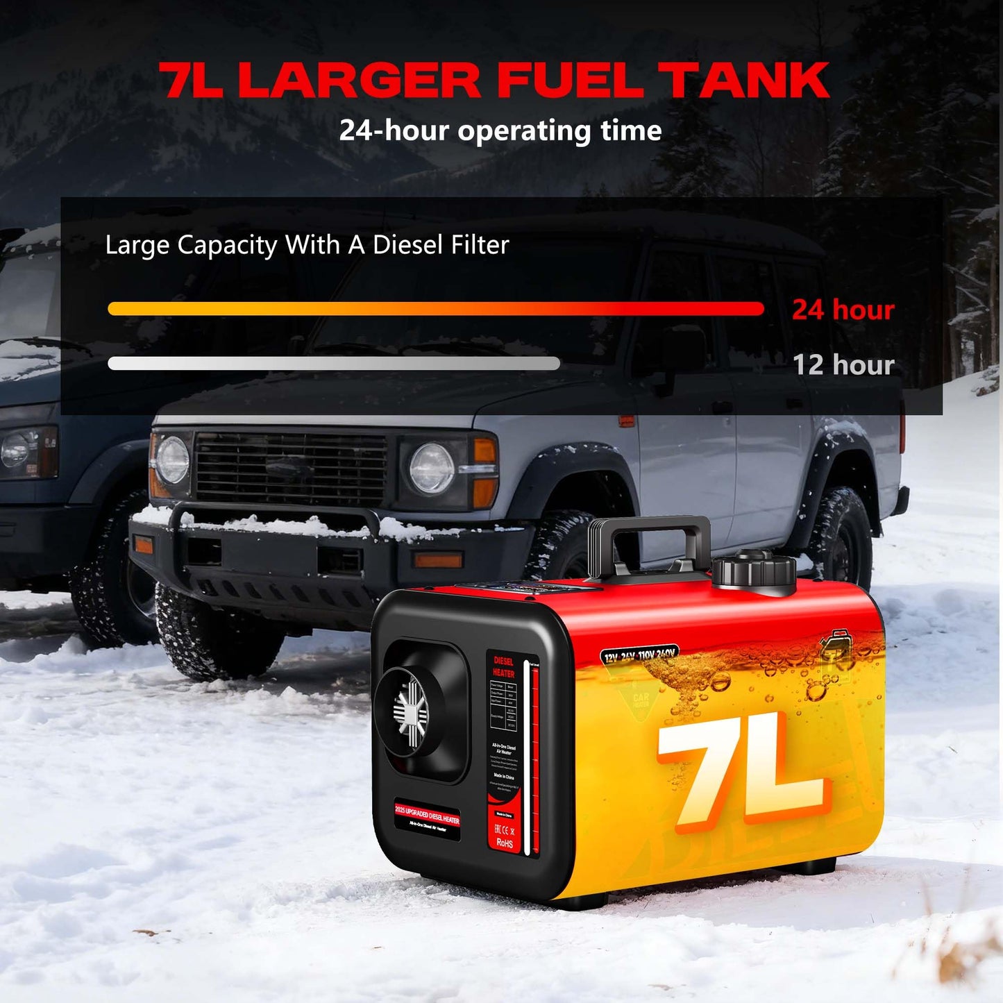 POXURIO 7L Large Diesel Heater, 8KW 240V/110V/12V/24V All in One Diesel Air Heater with LCD Switch, Remote Control, Suitable for Truck, RV, Home, Car, Campers, Boat, Red