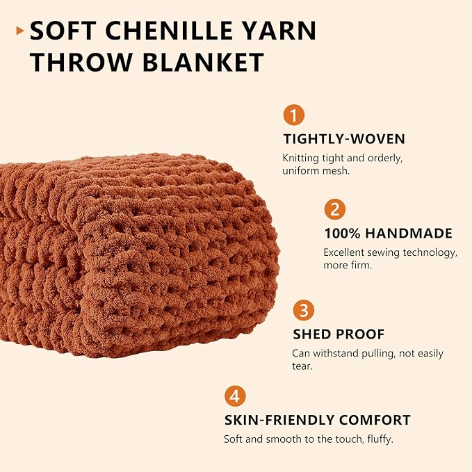 L'AGRATY Chunky Knit Blanket Throw: 50''x60'' Chenille Chunky Knitted Throw Blanket for Bed Couch - Handmade Thick Big Cable Knit Blanket - Large Crochet Rope Blankets for Home Decor(Rusty Orange)