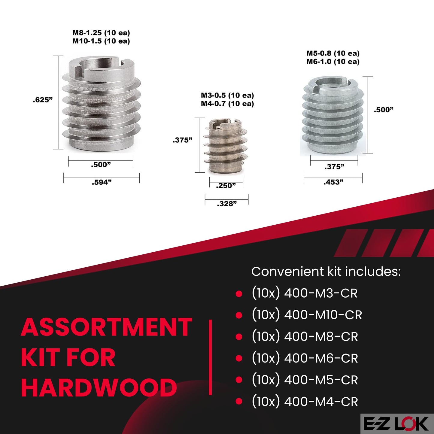 E-Z LOK Knife Threaded Inserts for Hard Wood Assortment Kit with Drill and Drive Tool, Stainless Steel Thread Inserts M3-0.5 to M10-1.5, 60 Pieces