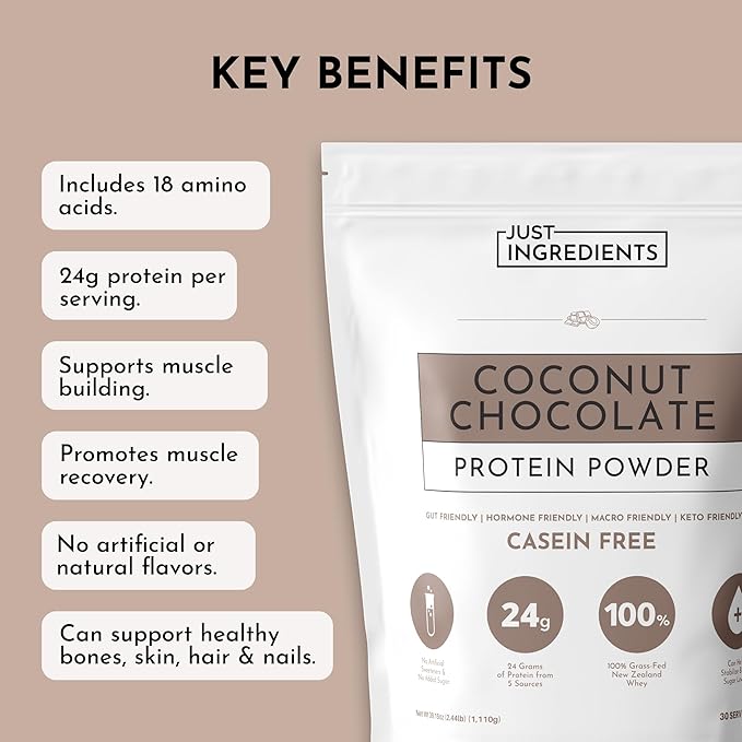 JUST INGREDIENTS Coconut Chocolate Protein Powder ??30-Serving Blend with 100% Grass-Fed Whey & Organic Plant Proteins ??Creamy Coconut Cocoa Flavor ??Supports Muscle Recovery, Energy*