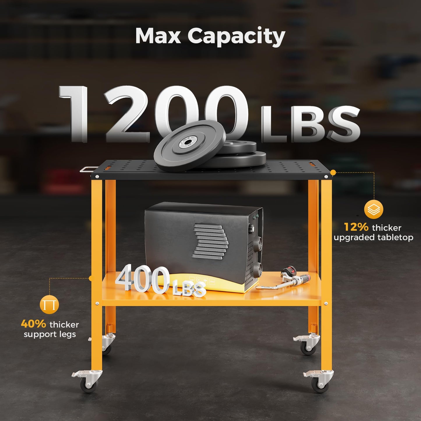 CAMMOO 1200LBS Welding Table, 36"x18" Welding Workbench, Black Oxide Finish Tabletop with 4 Lockable Braking Casters, Storage Tray, 4 Tool Slots and 5/8'' Fixture Holes for Garage & Workshop