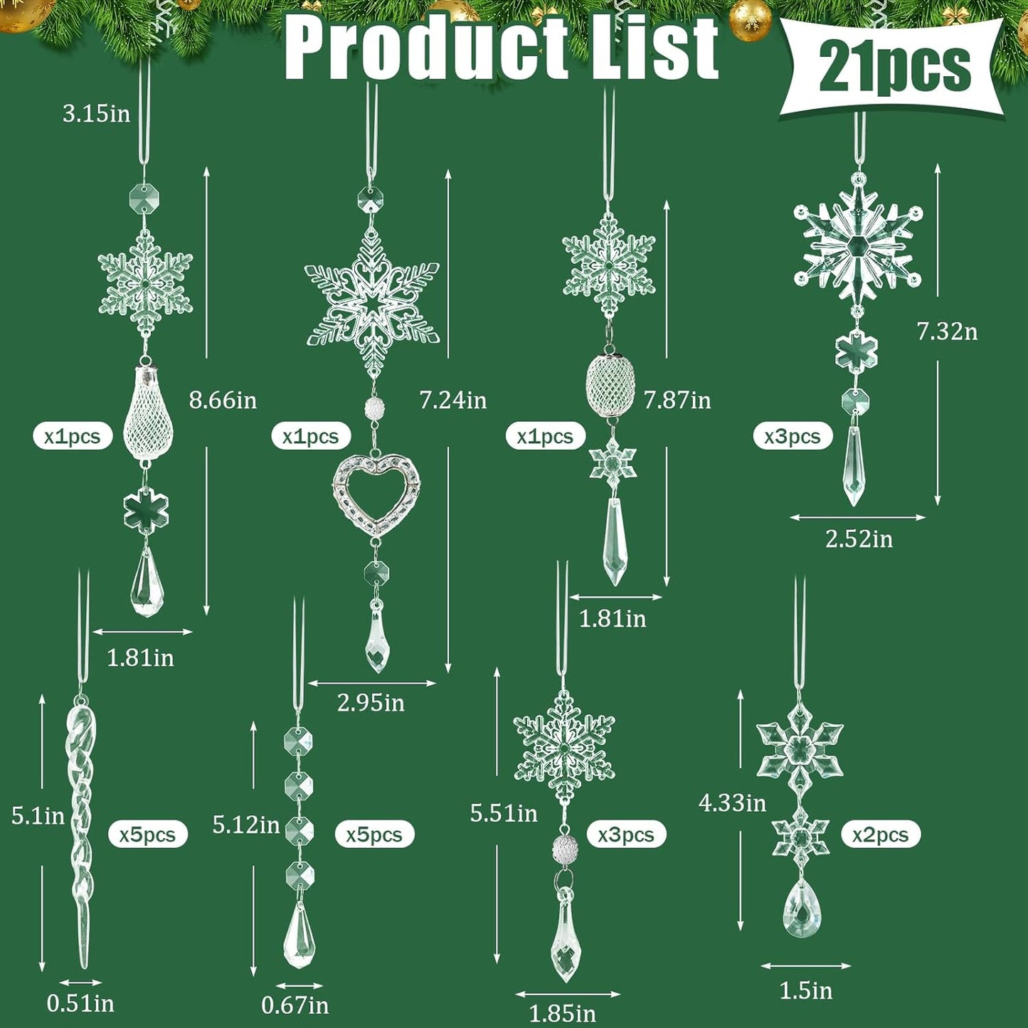 Skiennix Crystal Ornaments - 21pcs Sparkling Snowflake Christmas Tree Decorations | Holiday Home Decor