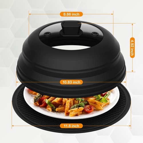 Lzerking Microwave Splatter Cover & Silicone Mat, 10.8 inch Glass Splatter Guard Lid with Collapsible Silicone for Food, Fits 6-10 inch Pot Plate Bowl, Heat Resistant, Dishwasher Safe, Kitchen, Black