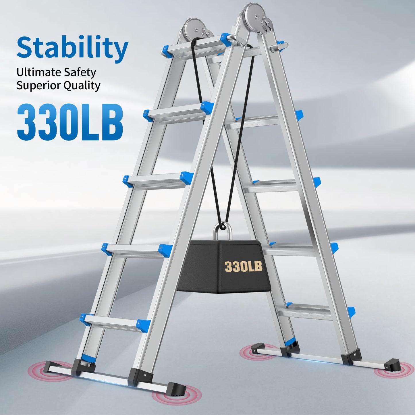 13.5FT Aluminum Foldabl Extension Ladder - Heavy-Duty A-Frame Adjustable Design for Home & Work, 330lbs Capacity, Retractable System with Safety Lock