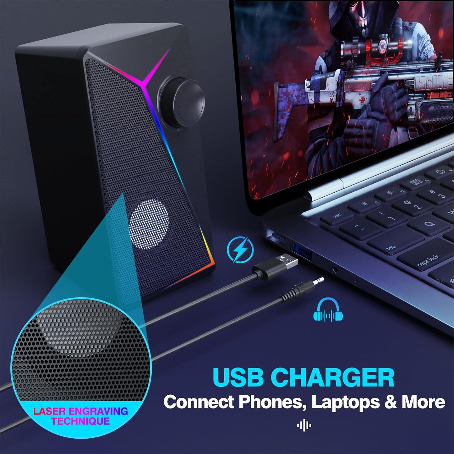 AYJBKL 3.5mm Computer Speakers for Desktop PC, USB-Powered Gaming Speakers for Laptop Multi Colorful LED Backlight