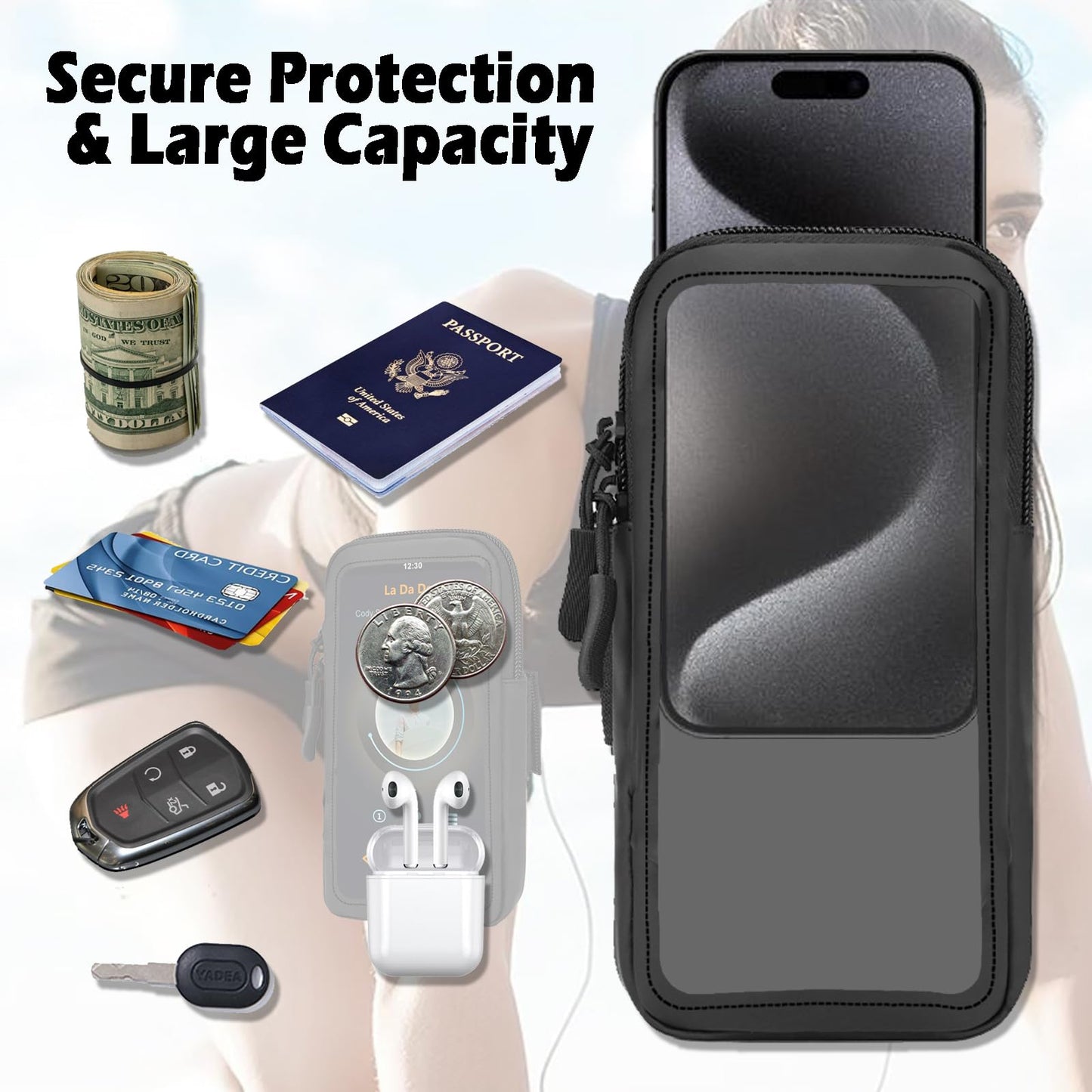 Phone Holder for Running, Walking, and Workout - Adjustable Arm Band Armband for iPhone and Cell Phones - Clear Crossbody Phone Pouch Purse with Strap for Women Men