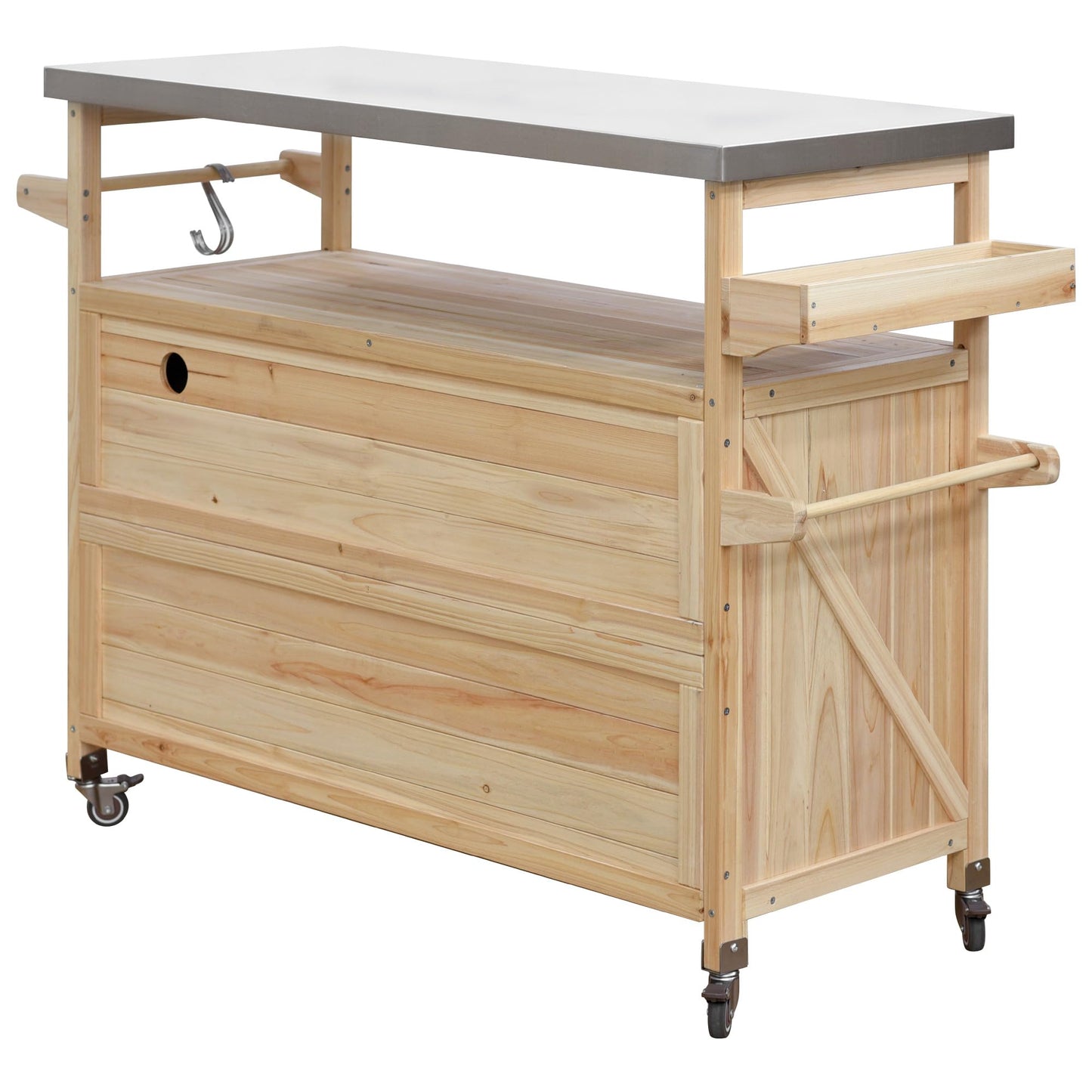 eodme Outdoor Cabinet for Patio Graden BBQ Grill Cart with Storage Cabinet, Home Rolling Kitchen Island Food Prep Table with Stainless Steel Top, Shelves, Spice Rack, Towel Rack(Natural Wood)