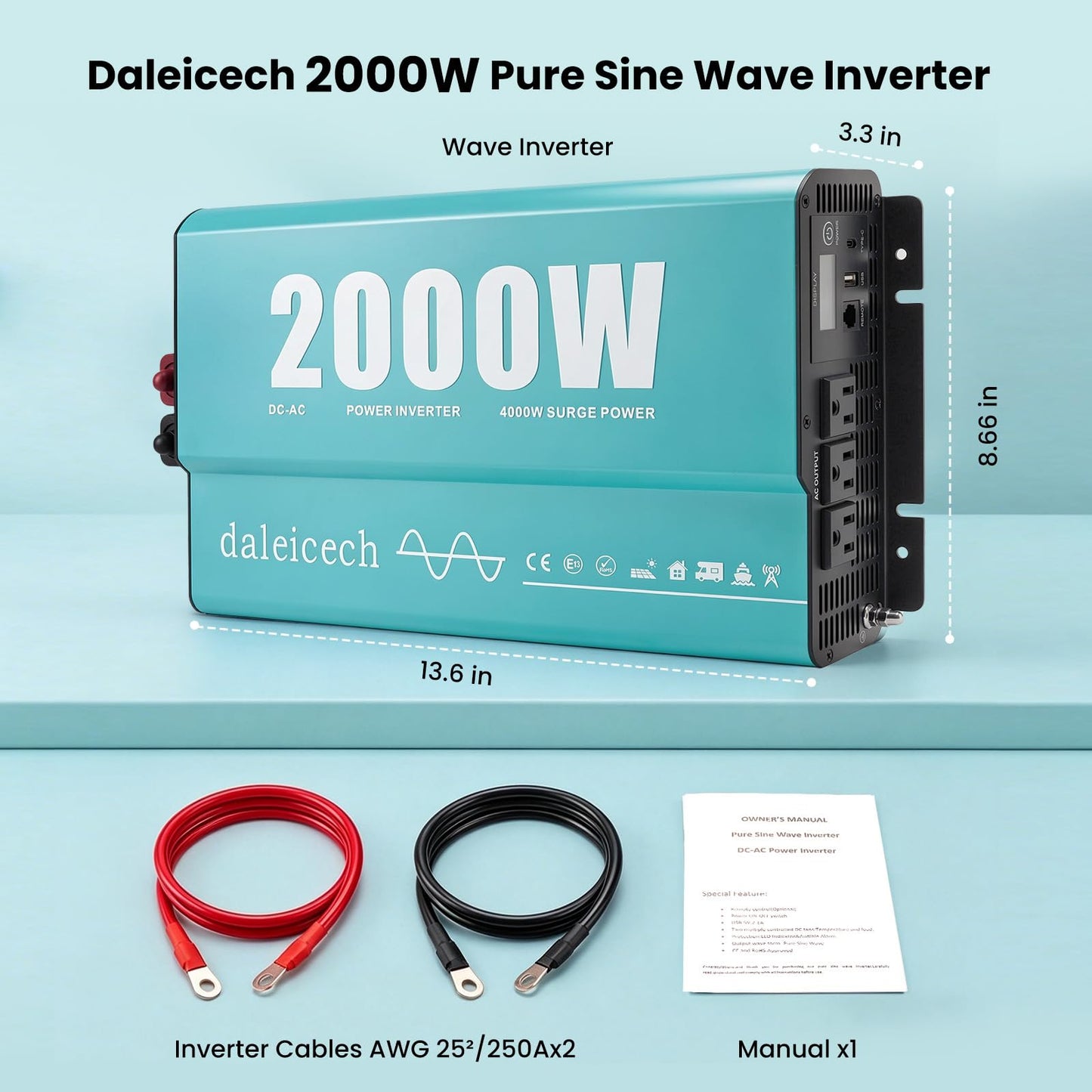2000W Pure Sine Wave Inverter 12V DC to 120V AC, 4000W Peak, Power Inverter for RV Semi Truck Off-Grid Solar, Dual AC Outlets USB-C, Remote & LCD Display Ready, Full Protection