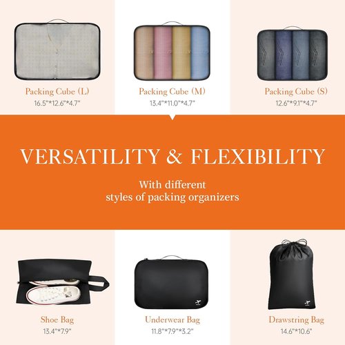 HOTOR Packing Cubes - 6 Premium Travel Organizer Bags for Suitcases | Space-Saving Black Set