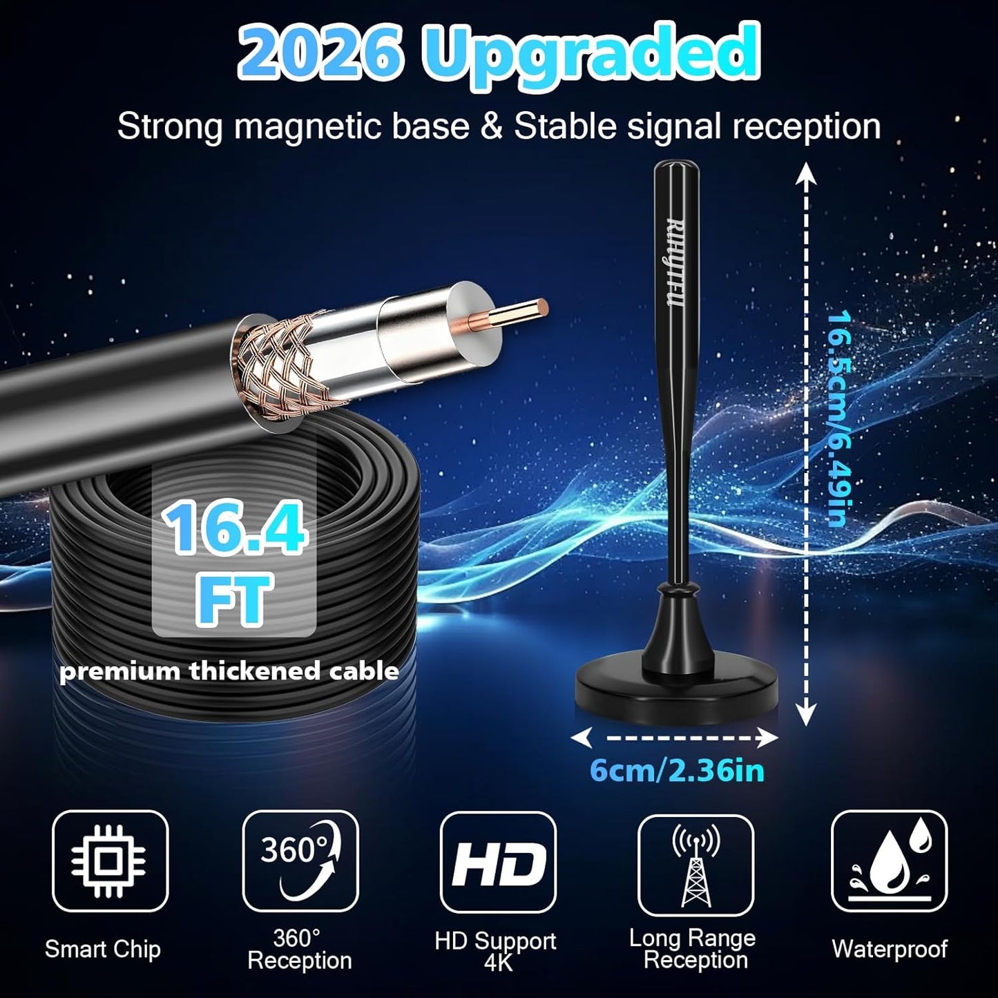 RIHYTFU 2026 16.5ft 4K 1080P TV Antenna Indoor for Local Channels, Antenna for Smart TV with Strong Magnetic Base, Long