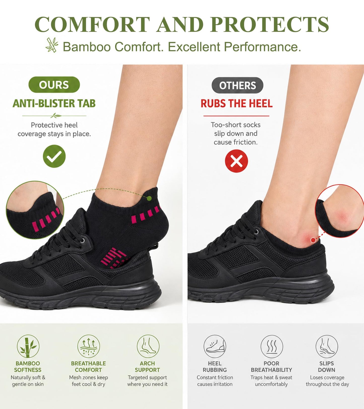 floconssy Ankle Socks for Women, Bamboo Viscose Black Cushioned Running Socks Low Cut Athletic Short Footies with Heel Tab 5 Pairs Size 6-9