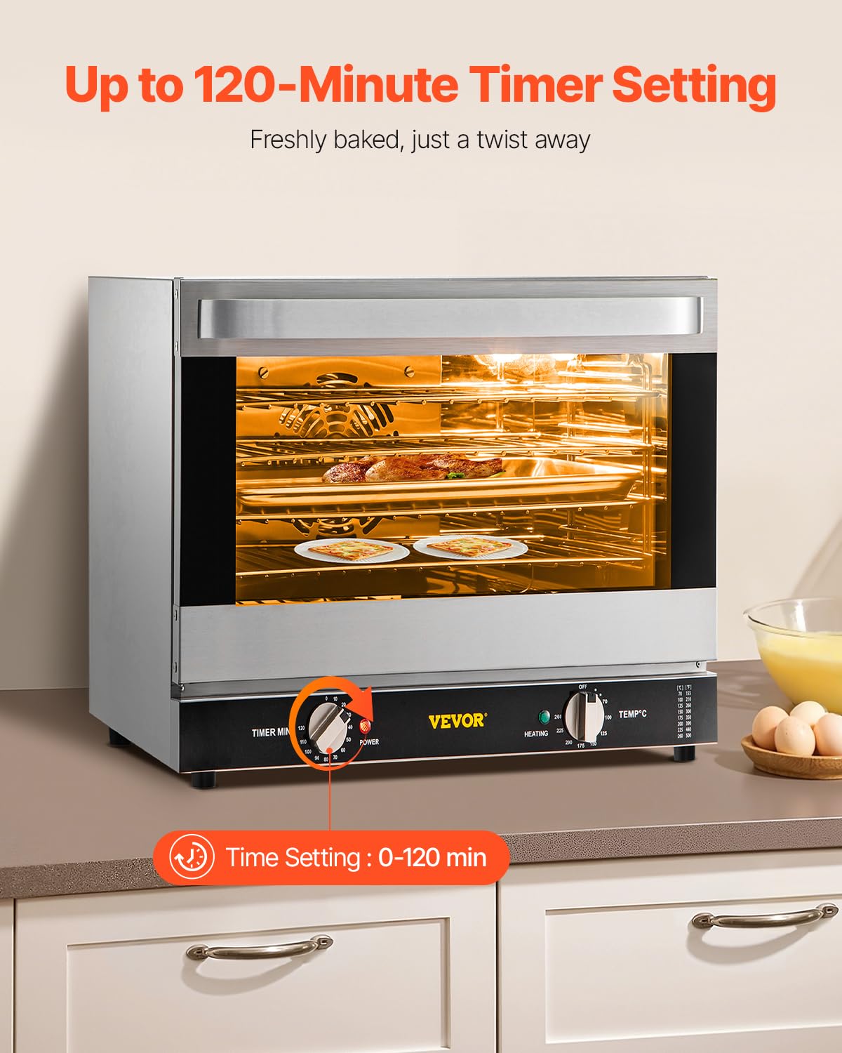 VEVOR Commercial Convection Oven, 66L/60Qt, Half-Size Conventional Oven Countertop, 1800W 4-Tier Toaster w/Front Glass Door, w/Trays Wire Racks Clip Gloves, 120V