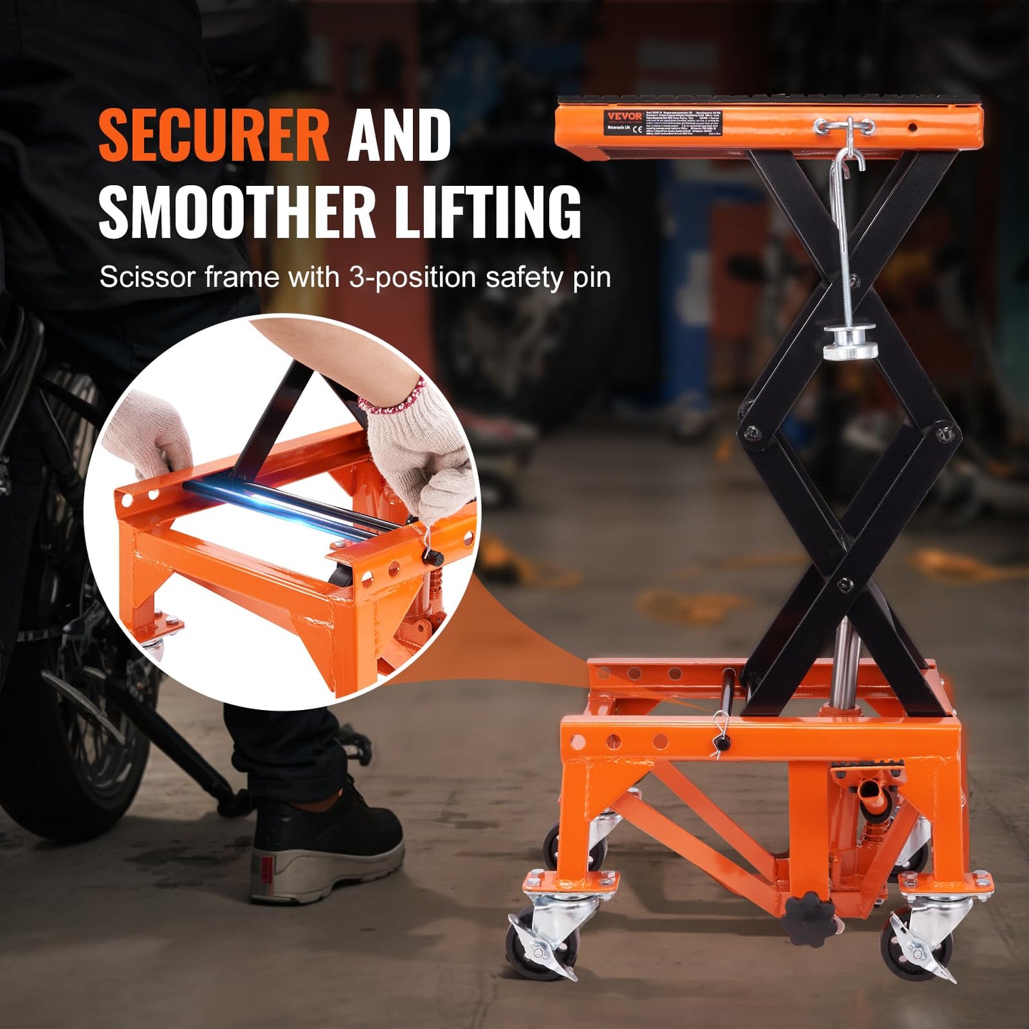 VEVOR Hydraulic Motorcycle Lift Table, 350 lbs Capacity Motorcycle Scissor Jack Lift with Wide Deck, J-Hooks, 4 Wheels, Hydraulic Foot-Operated Jack Stand for ATV Dirt Bikes