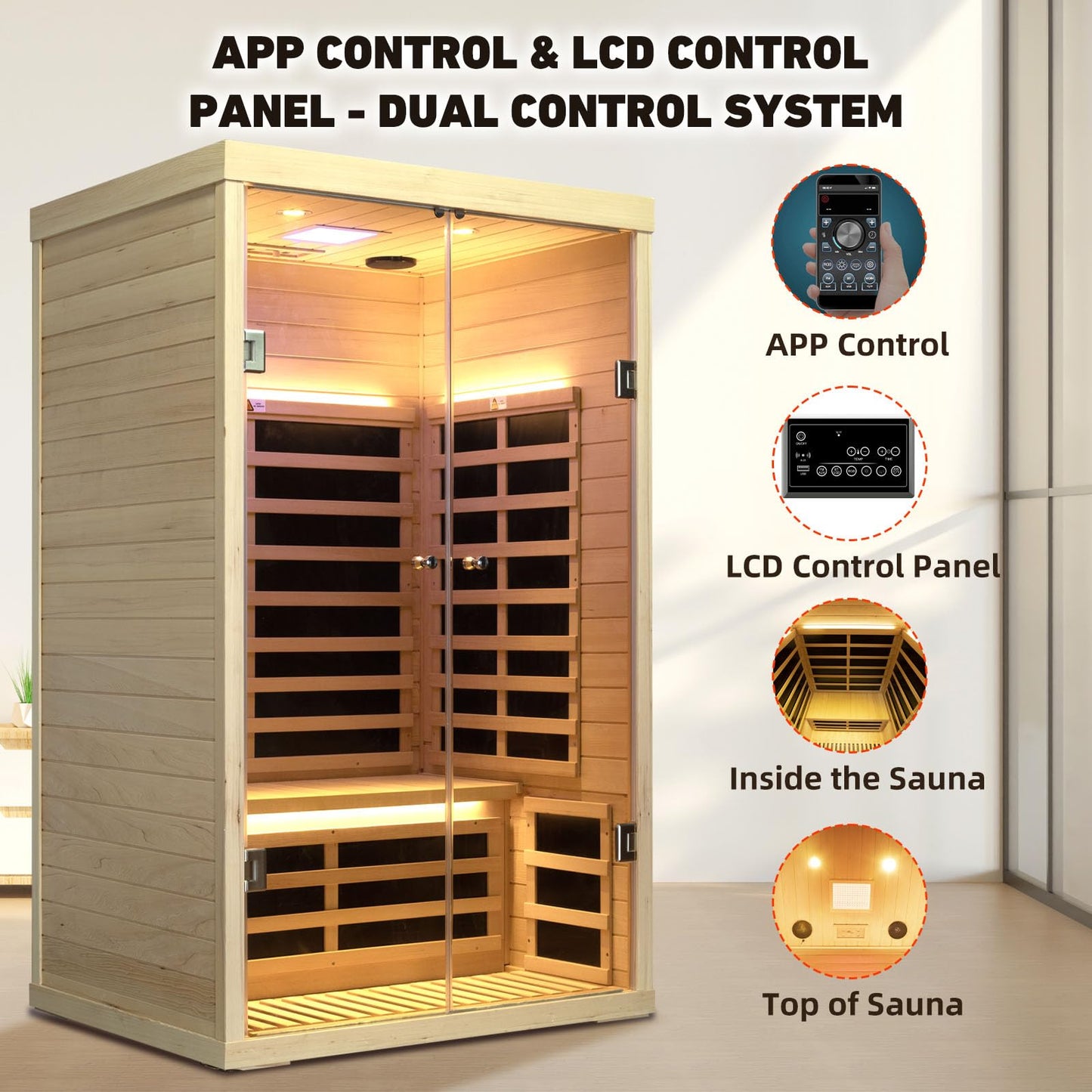 Smart Infrared Sauna 2 Person, 0-5mg Low Emf Far Infrared Sauna for Home, 1780w Indoor Sauna Room with APP & LCD Panel Control , Chromatherapy Light, Bluetooth Speaker, Insulation Cover, Reading Light