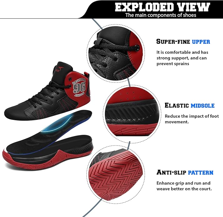 ASHION Kids Basketball Shoes Boys Girls Sneakers Mid-Top Lace Up Cushion Anti Slip Athletic Outdoor Sport Shoes for Unisex-Child
